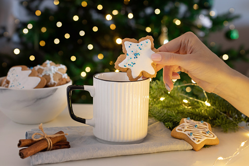 woman hand dipping decorated snowflake gingerbread cookie in hot drink cup. Seasons greetings