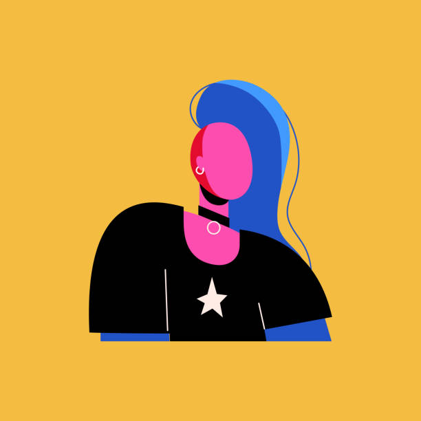 porträt eines mädchens mit blauen haaren. eine punkfrau mit einem irokesen. rock'n'roll-star - pierced punk goth teenager stock-grafiken, -clipart, -cartoons und -symbole