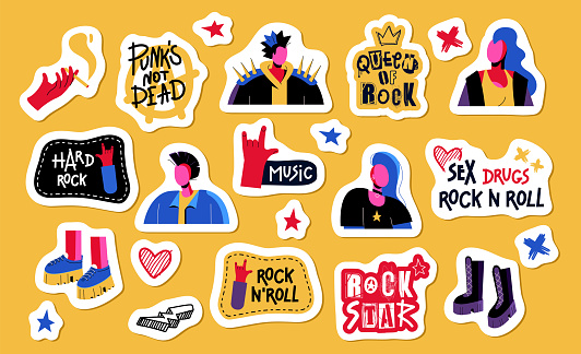 A set of stickers : rock punks, Mohawks, hard rock, rock and roll and anarchy. Horns, that rocks