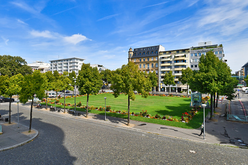 Mannheim, Germany - September 2022: Part of public park called 'Friedrichsplatz' in Mannheim city center on sunny day
