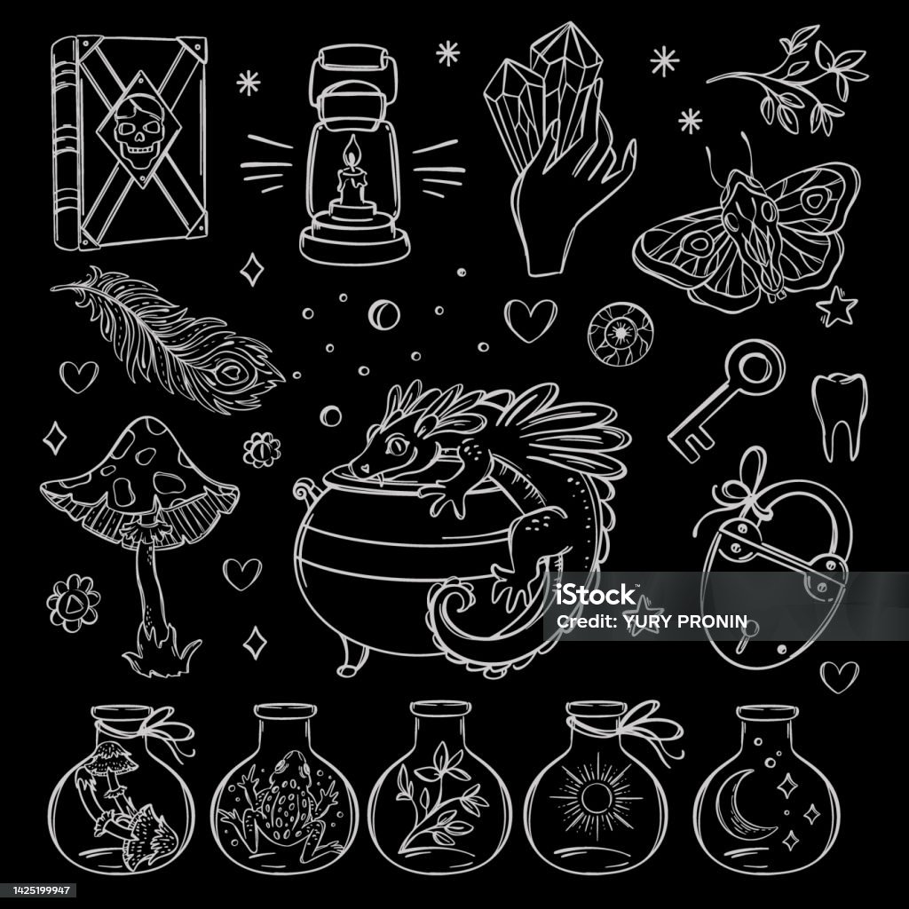 Occult Objects Occult Elements Witchcraft Monochrome Esoteric Astrology Set Stock ...