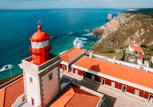 Aerial drone view of iconic lighthouse at Cabo da Roca, Portugal