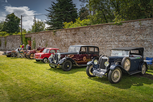 Wicklow, Ireland, August 2019 Irish Veteran and Vintage Car Club in Powerscourt, people admiring beautiful vintage cars