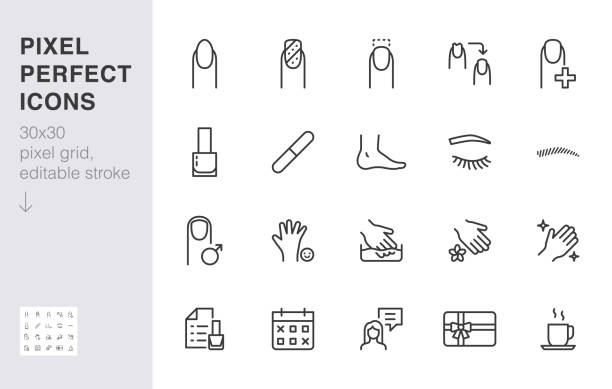набор иконок линии маникюра. лак для ногтей, педикюр, ремонт, окрашивание бровей, наращивание ресниц минимальная векторная иллюстрация. про - manicure stock illustrations