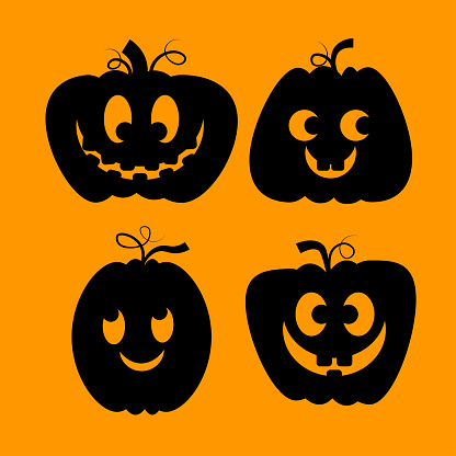 Set of black silhouettes of cheerful pumpkins on an orange background