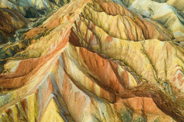 Aerial view of Danxia landform at Zhangye National Geopark Aerial view of Danxia landform at Zhangye National Geopark danxia landform stock pictures, royalty-free photos & images