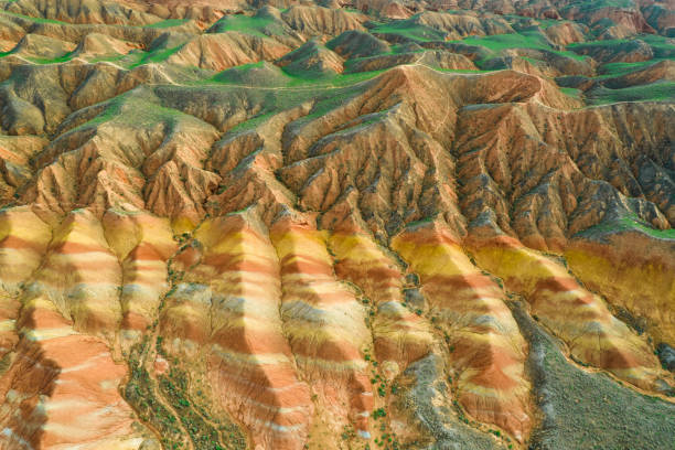Aerial view of Danxia landform at Zhangye National Geopark stock photo
