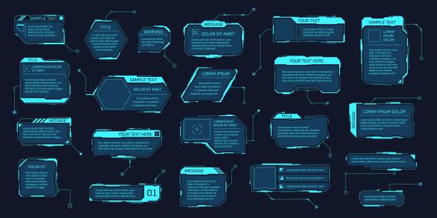 Hud callout boxes. Futuristic space display information layout, digital info frame element for text title, cyber call video screens high tech infographic garish vector illustration Hud callout boxes. Futuristic space display information layout, digital info frame element for text title, cyber call video screens high tech infographic garish vector illustration of space tech game head up display vehicle part stock illustrations