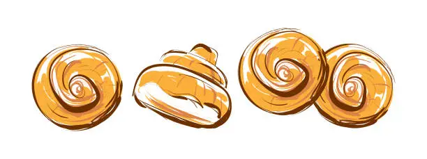 Vector illustration of Fresh homemade cinnamon buns or sugar buns. Hand drawing.