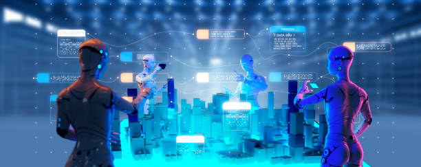 istock Smart city metaverse iot internet network technology 3D robot working with city architecture model with digital big data analyzing computer coding interface, futuristic internet technology for life. 1425210158