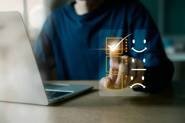 istock Customer services best excellent business rating experience. Satisfaction survey concept. user give rating to service experience on online application . 1425210943