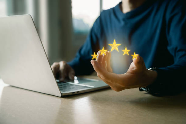 istock Customer services best excellent business rating experience. Satisfaction survey concept. user give rating to service experience on online application . 1425210957