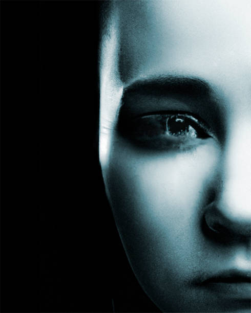 3d render extreme close up shot emo woman with sad expression face portrait