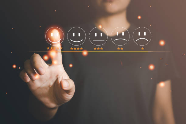 istock Customer service satisfaction, hand touching the virtual screen on the five star with happy face satisfaction. rating very impressed on service 1425212191