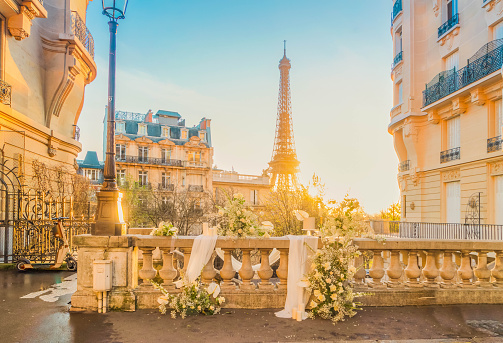 cosy Paris street with view on the famous Eiffel Tower on a cloudy spring day with flowers, Paris France