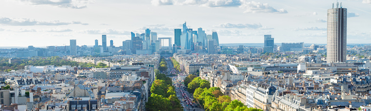 panoramic skyline of Paris towards La Defense district from above, France, web banner format