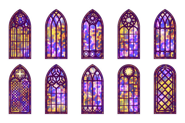 ilustrações, clipart, desenhos animados e ícones de janelas góticas. molduras de igreja de vitrais vintage. elemento da arquitetura tradicional europeia. vetor - stained glass church window glass