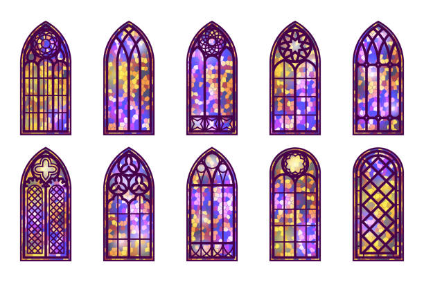 Gothic windows set. Vintage stained glass church frames. Element of traditional european architecture. Vector Gothic windows set. Vintage stained glass church frames. Element of traditional European architecture. Vector. church borders stock illustrations