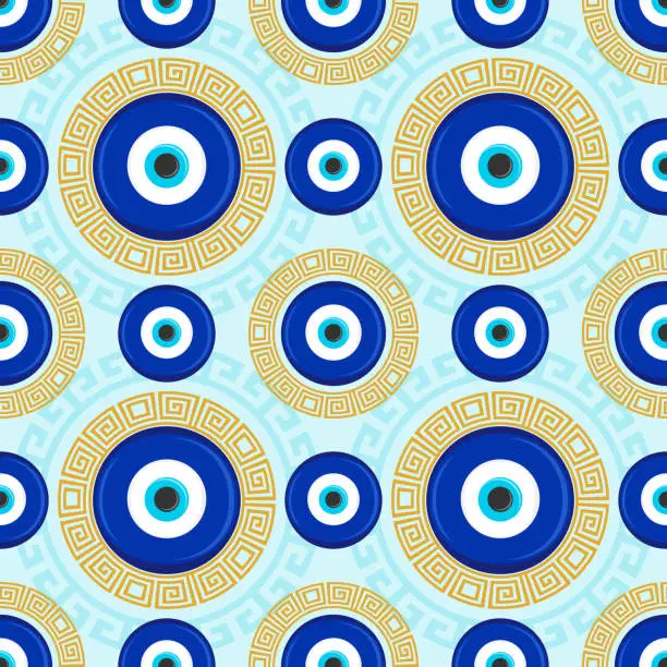 Vector illustration of Evil eye ethnic pattern. Mystic greek blue amulet. Turkish traditional print. Symbol of protection. Vector seamless background.