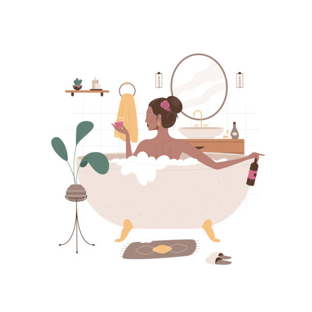 ilustrações de stock, clip art, desenhos animados e ícones de black afro or latina woman taking bath and drinks wine. - woman in mirror backview