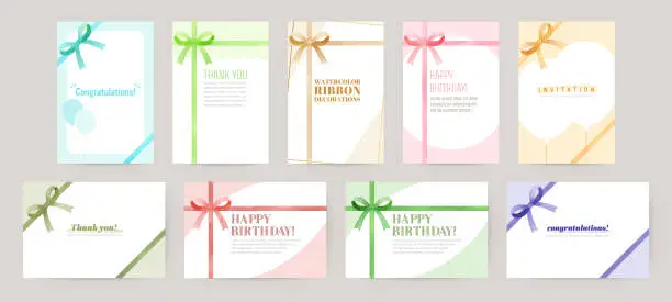 Vector illustration of Vector card set with watercolor ribbon decoration; greetings, birthday card, invitation