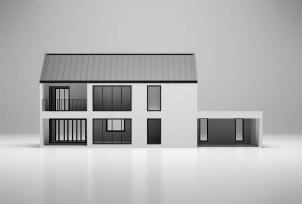 istock Simple house on white floor with grey background. 1425219140