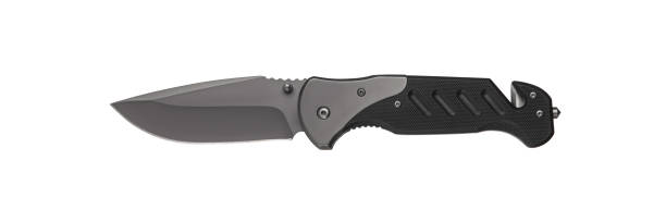 istock Pocket folding knife with sling cutter and cullet. Compact metal sharp knife with a folding blade. Isolate on a white background. 1425219791