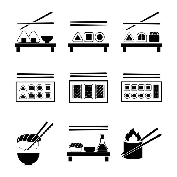 ilustraciones, imágenes clip art, dibujos animados e iconos de stock de conjunto de iconos de sushi. plato de sushi de diferentes tipos. comida tradicional japonesa en diseño plano. rollo de sushi aislado sobre fondo blanco. plantilla para menú sushi bar, restaurante, página web. ilustración vectorial - chopsticks nobody red white background