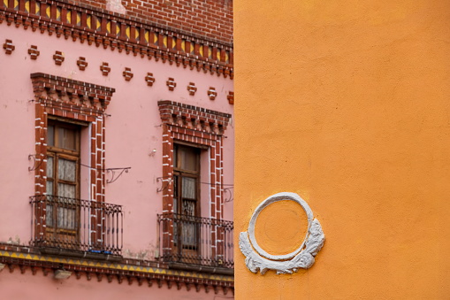 Colorful ornate building detail in Puebla's historical center, Mexico