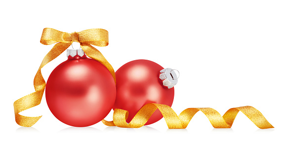 Christmas ornaments isolated on white background. Two red christmas balls with gold ribbon.