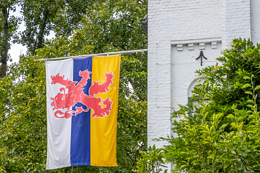 Dutch Limburg flag hanging on a wall against lush green foliage, white, blue and yellow colors with a double tailed red lion symbol, smaller blue center row symbolizes the river Maas. space for text