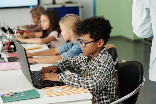 Vista lateral del joven escolar afroamericano trabajando frente a la computadora portátil photo