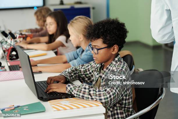 Side View Of Youthful African American Schoolboy Working In Front Of Laptop Stock Photo - Download Image Now
