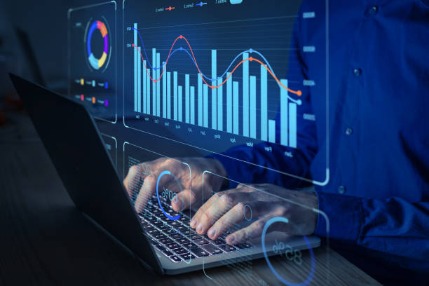 data analyst working on business analytics dashboard with charts, metrics and kpi to analyze performance and create insight reports for operations management. - data stockfoto's en -beelden