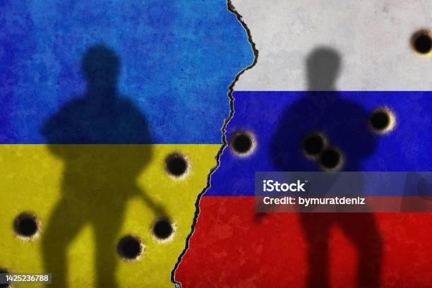 Russia Vs Ukraine Flag On Cracked Wall Stock Photo - Download Image Now - 2022 Russian Invasion of Ukraine, Activist, Aggression