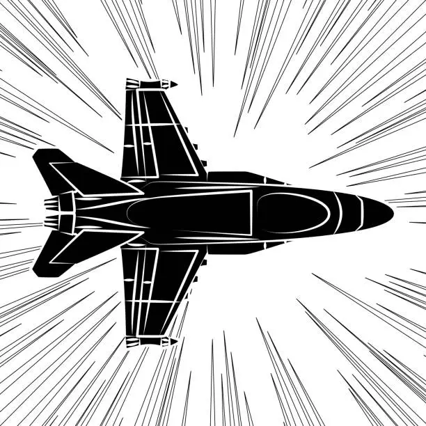 Vector illustration of Fighter, military airplane. Jet aircraft in speed lines. Air combat. Flying at supersonic speeds. Air Force. Army in action. Avia show. Aeroplane for use in stickers, printing on paper or fabric
