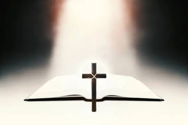 The shining word of life, the bible, the bright beam of light, and the holy cross of Jesus