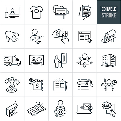 A set of advertising icons that include editable strokes or outlines using the EPS vector file. The icons include a television used to advertise, t-shirt with advertisement, billboard with advertisement, hand holding a smartphone with advertisements on screen, bullhorn, target market, hands viewing video advertising on smartphone, website ad, direct mail advertisement in mailbox, advertising on the side of a semi-truck, trade show booth with adversing, advertising sign, target customer, advertising on the side of a building, target shopper in bulls-eye of marketers, store coupon advertisement, newspaper ad, search engine advertisement, marketer with advertising data, radio advertising, magazine advertisement, marketer holding a target with an arrow in the bulls-eye, email marketing advertising, and an online sale advertisement.