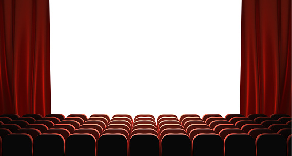 Movie theater, cinema hall with white screen, red curtains and rows of seats rear view. Luxury classic interior with light blank screen and chair backs. Concept movie premiere, 3D render illustration