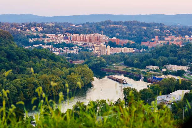 Empty Barges on River, Morgantown, West Virginia (USA) stock photo