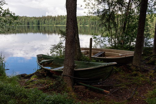 Two rowing boats on a beach tied to a tree next to a lake in a Finnish forest