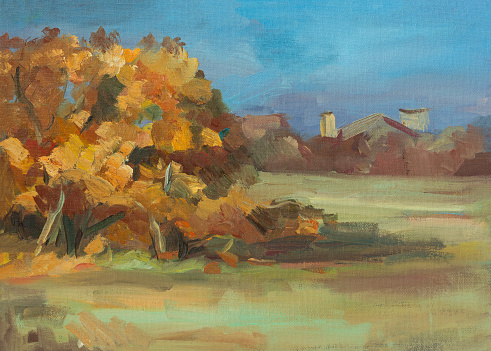 Autumn rural landscape oil painting. Sunny rustic autumn landscape, house. The author's painting, a quick sketch from nature. Horizontal composition. Layout for creative design. Golden Autumn concept