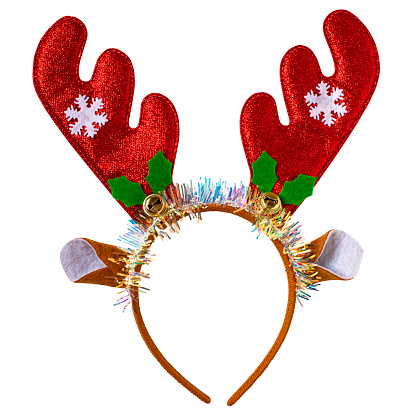 Hair hoop with decorative Christmas reindeer antlers isolated on white background. Carnival or party attribute