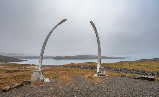Arch made from whale bones overlooking the Arctic Ocean at Apex, Nunavut