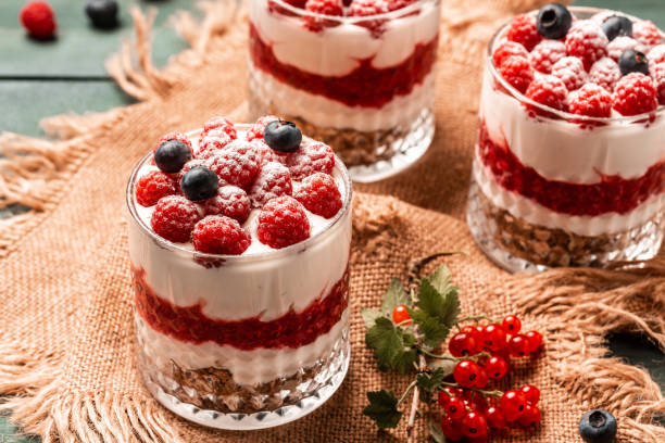 istock fresh raspberry, Yogurt parfait with granola and fresh berries, healthy breakfast concept 1425255049