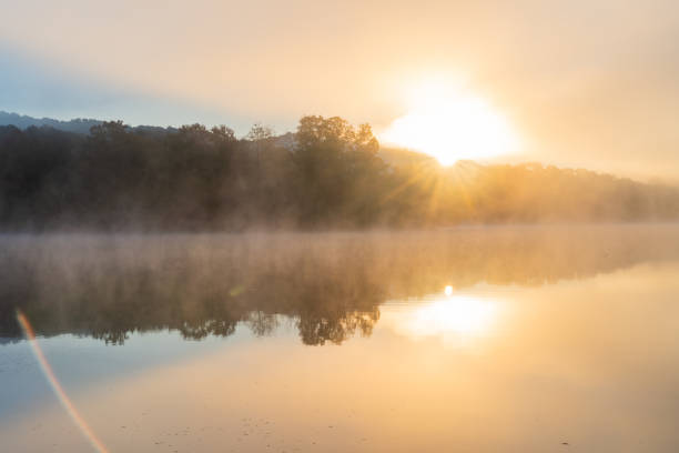 istock Sunrise starburst over a fog-covered lake. 1425255831