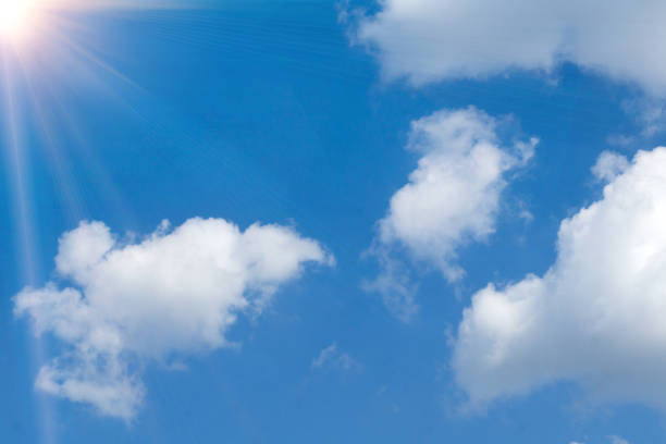Sunny background, blue sky with white clouds and sun.