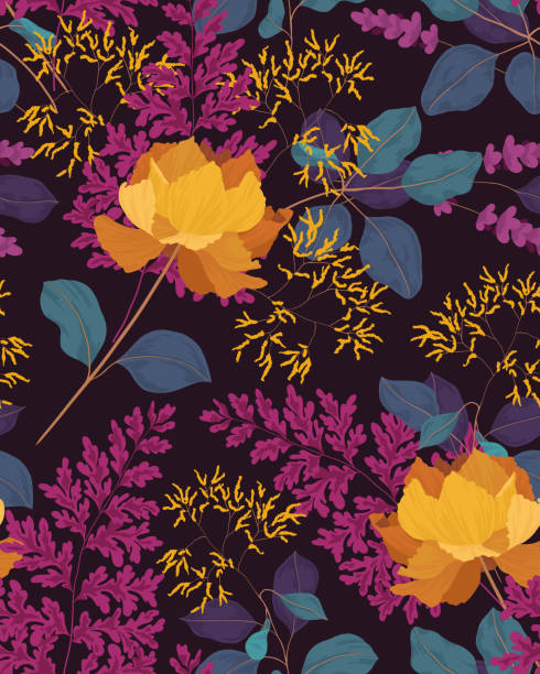 Seamless pattern, vintage floral background with dark botany: wild flowers, branches, leaves. Vector. Seamless pattern, floral print with dark botanical composition in vintage style. Hand drawn autumn, winter botany: wild plants, yellow flowers, twigs, purple fern leaves on a dark background. Vector. winter cloth pictures stock illustrations