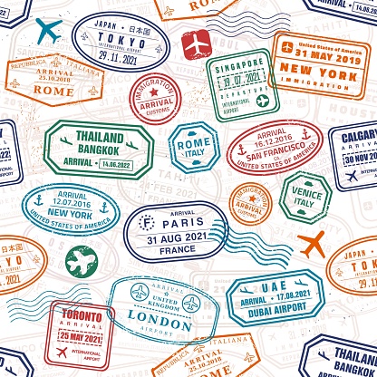 Seamless pattern passport stamps. Cool travel passport stamps vector texture. Seamless fashion print.