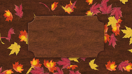 Elegant autumn season background with colorful falling maple leaves against dark brown genuine leather backdrop and empty copy space banner in center. Decorative autumnal concept 3D illustration.